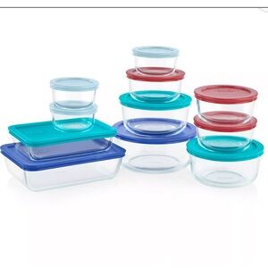 Pyrex 22 piece set. Glass Food Storage Set with Assorted Teal, Blue and Red Lids
